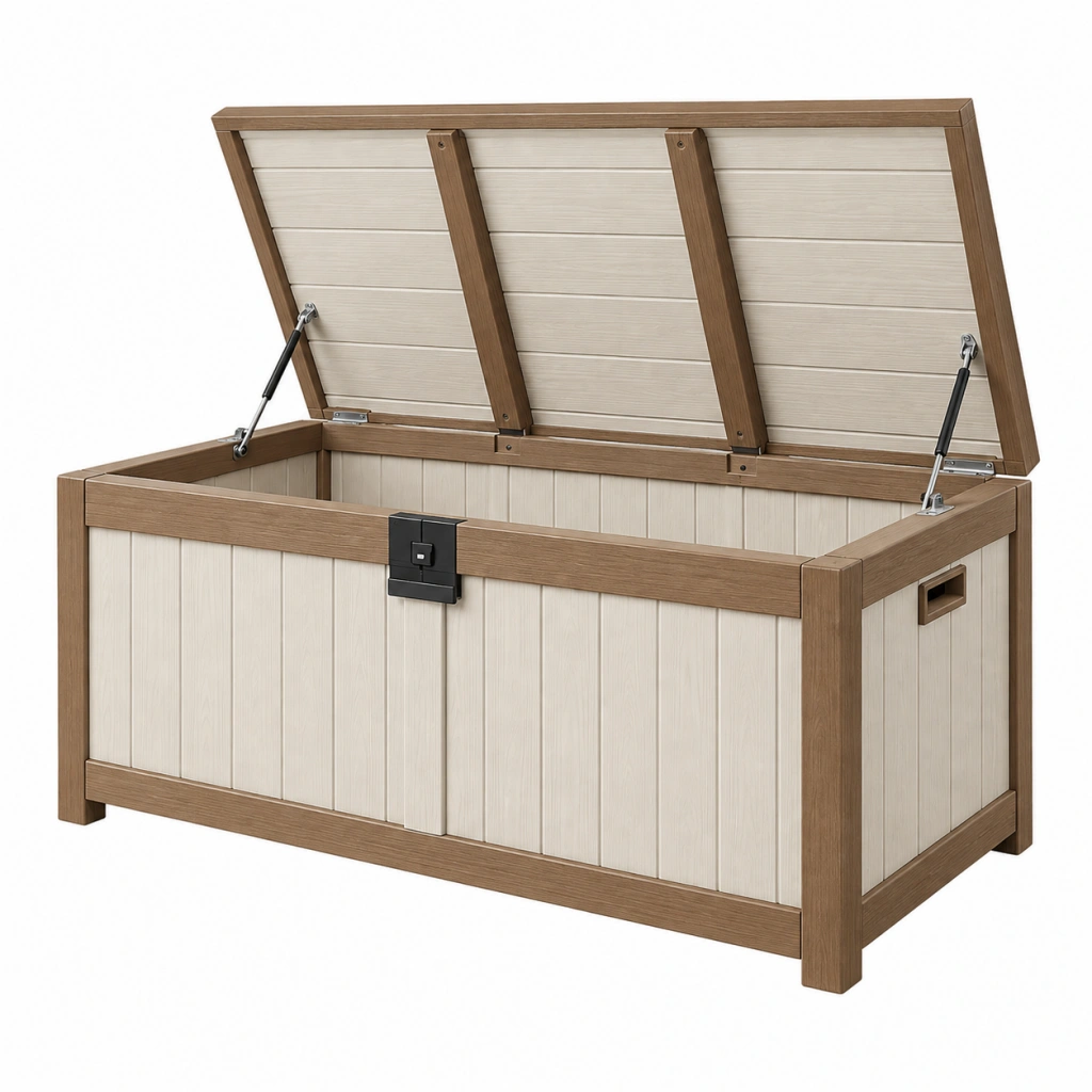 Aufbewahrungsbox 120 x 60 x 63 cm aus Kunststoff Beige Braun wetterfest mit Klappdeckel