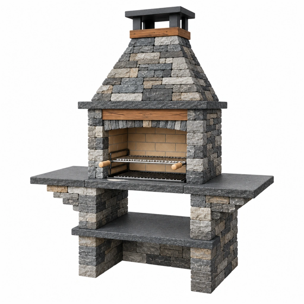 Grillkamin 180 x 90 x 230 cm aus Naturstein Grau Braun mit Grillrost für den Garten