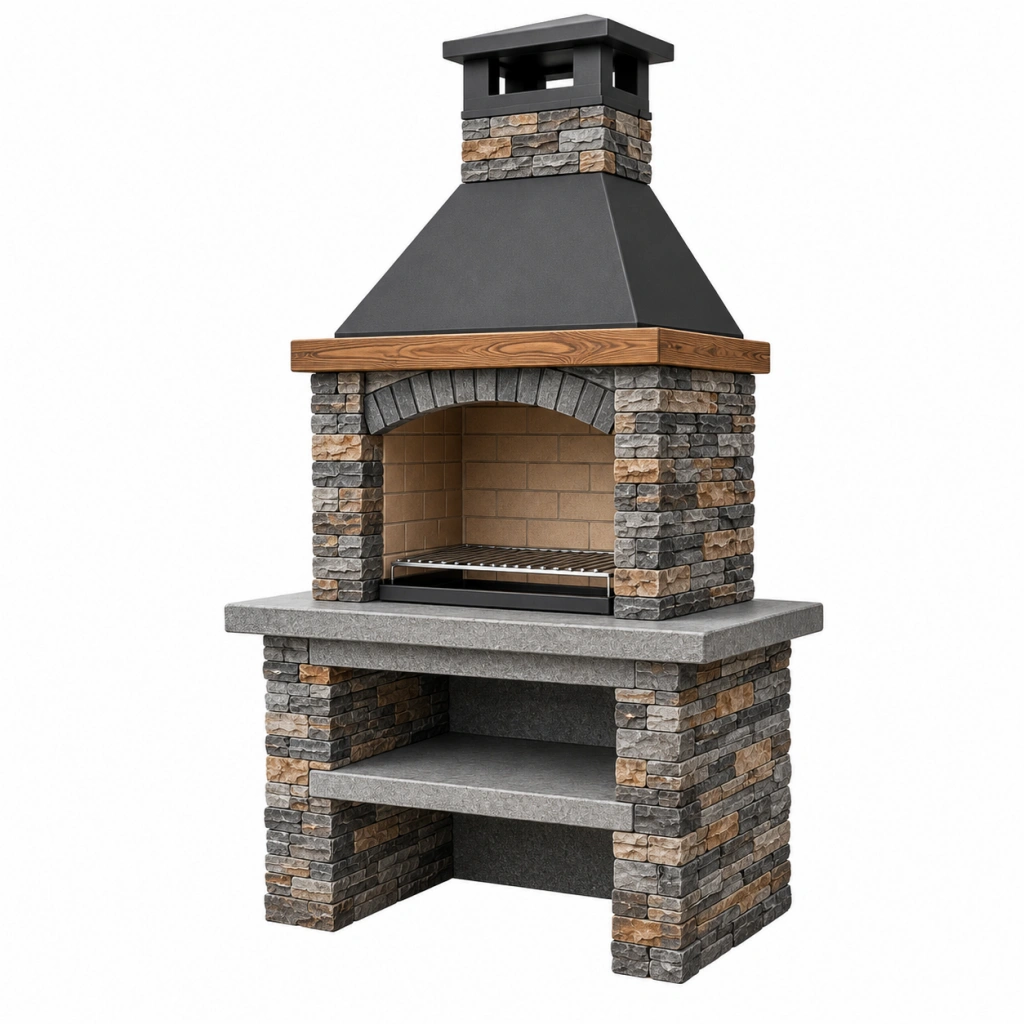 Gartengrillkamin 120 x 70 x 230 cm Stein Metall Schwarz Grau Braun für den Außenbereich mit Grillrost
