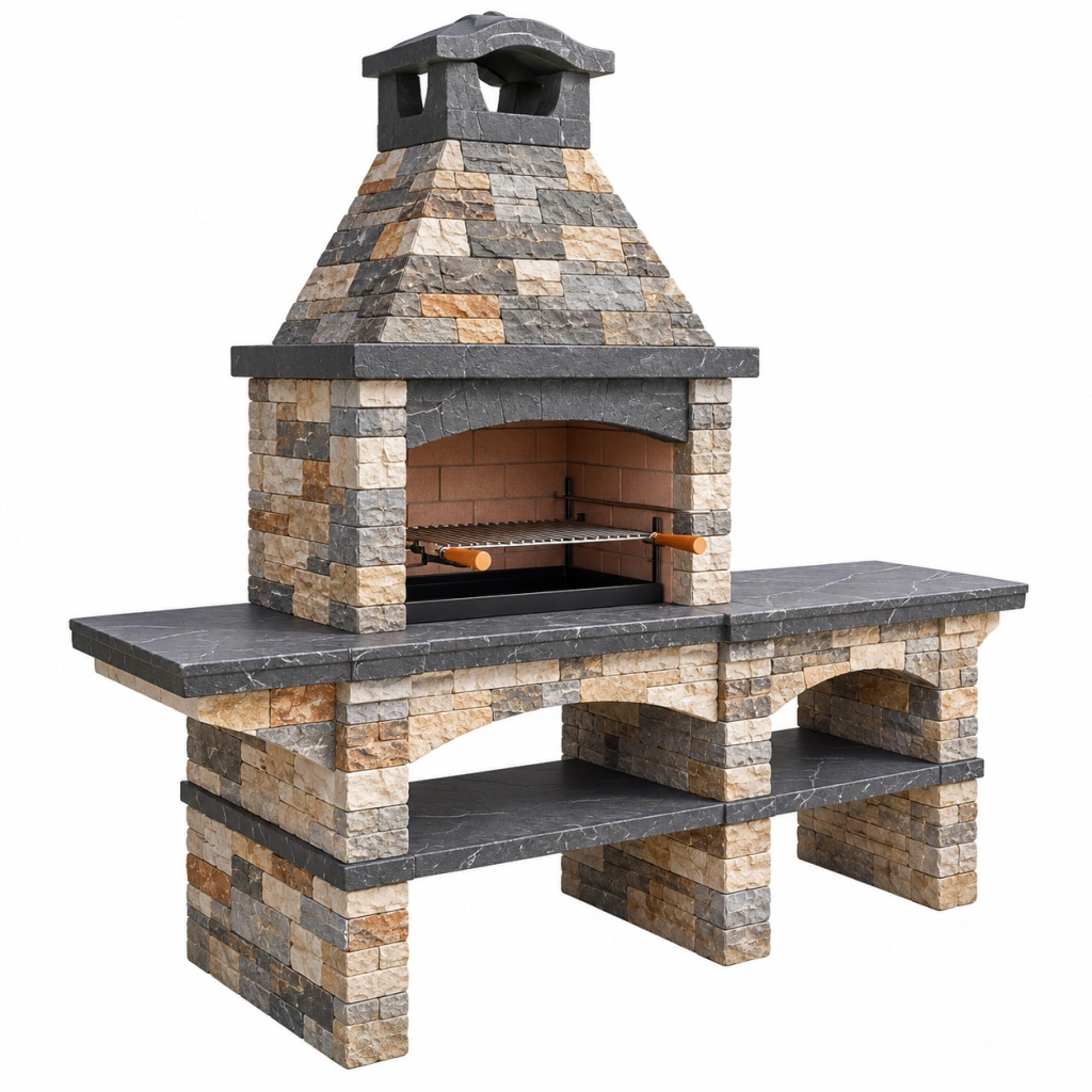 Grillkamin 140 x 70 x 210 cm aus Naturstein Graphit Beige für den Außenbereich