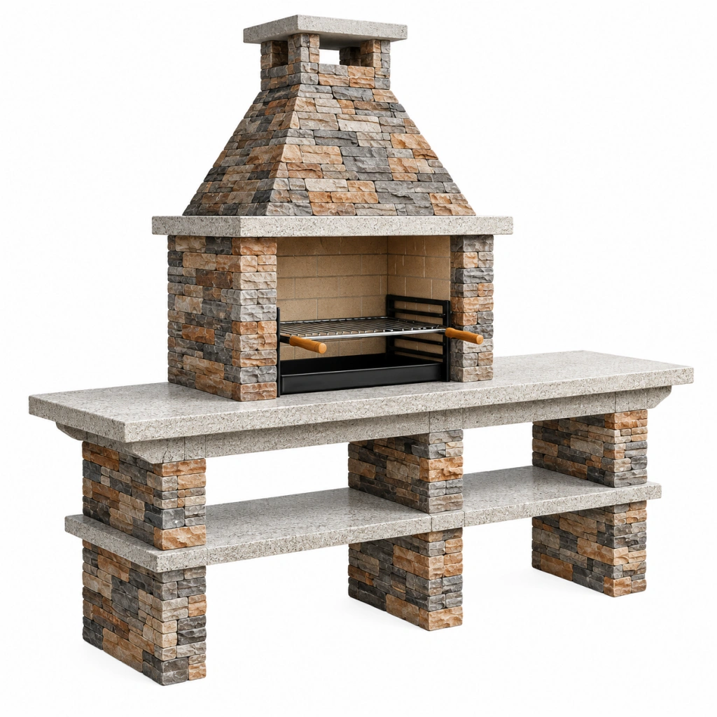 Grillkamin 180 x 70 x 250 cm aus Stein Grau Braun Beige für Garten mit Grillrost