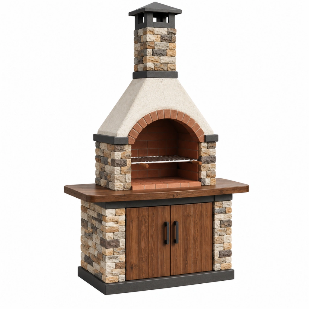 Gartenkamin Grillstation 120 x 70 x 235 cm Steinoptik Braun Beige mit Grillrost und Unterschrank
