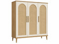 Kleiderschrank 120 x 45 x 180 cm Holzwerkstoff Weiß Natur Rattangeflecht Drehtüren Mid-Century-Stil