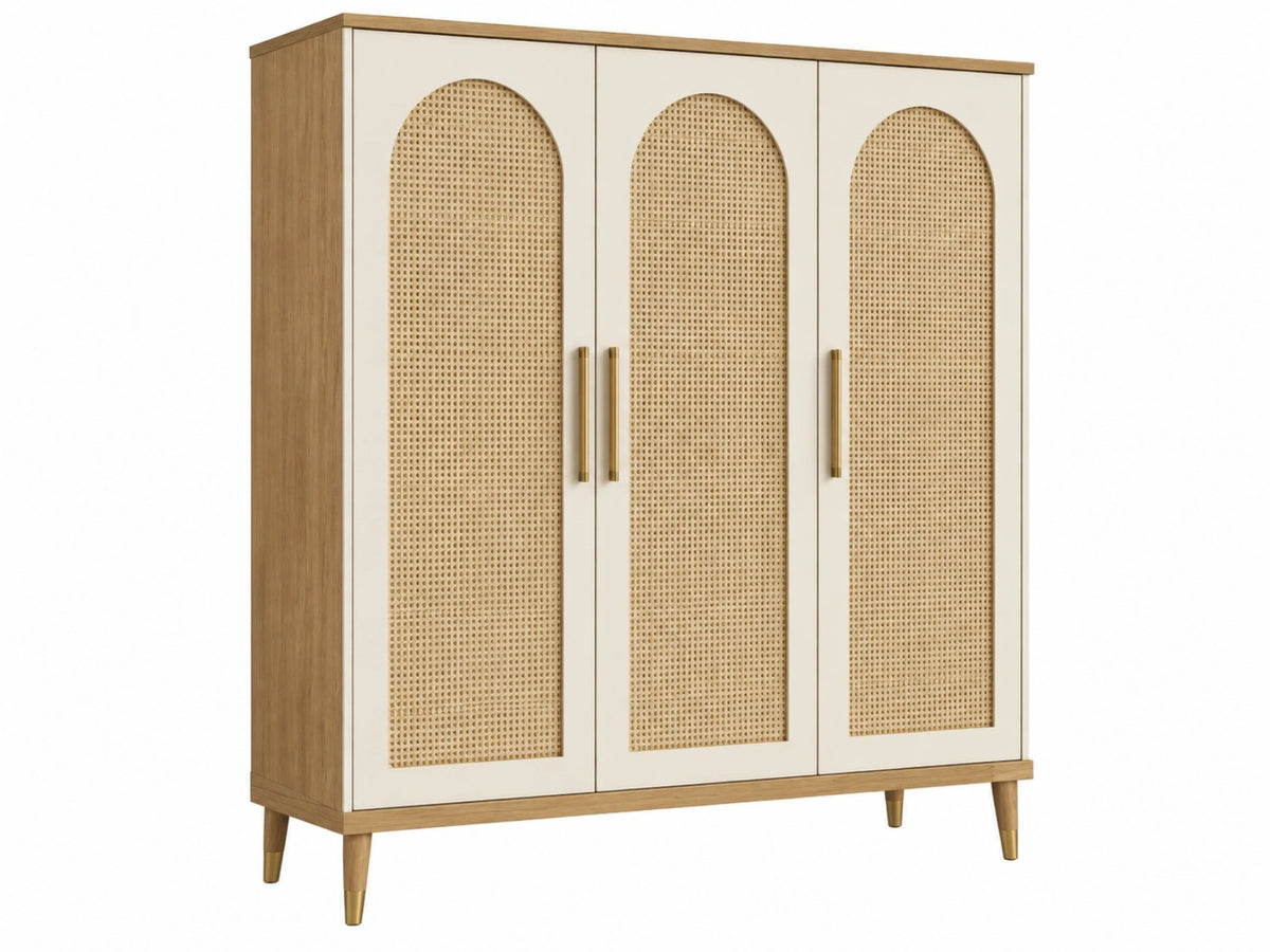Kleiderschrank 120 x 45 x 180 cm Holzwerkstoff Weiß Natur Rattangeflecht Drehtüren Mid-Century-Stil