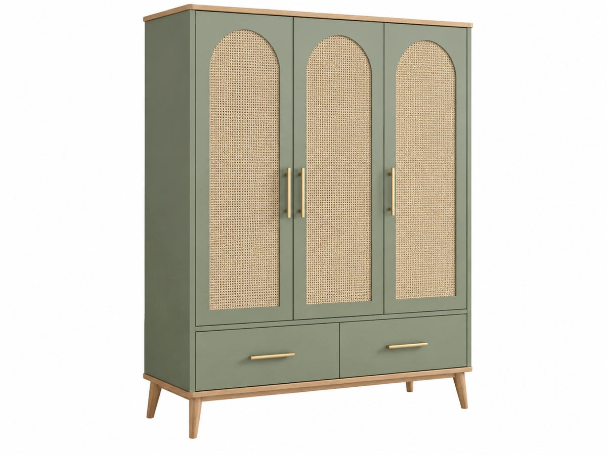 Kleiderschrank 120 x 50 x 180 cm aus Holzwerkstoff Grün mit Rattangeflecht und Schubladen im Retro-Stil