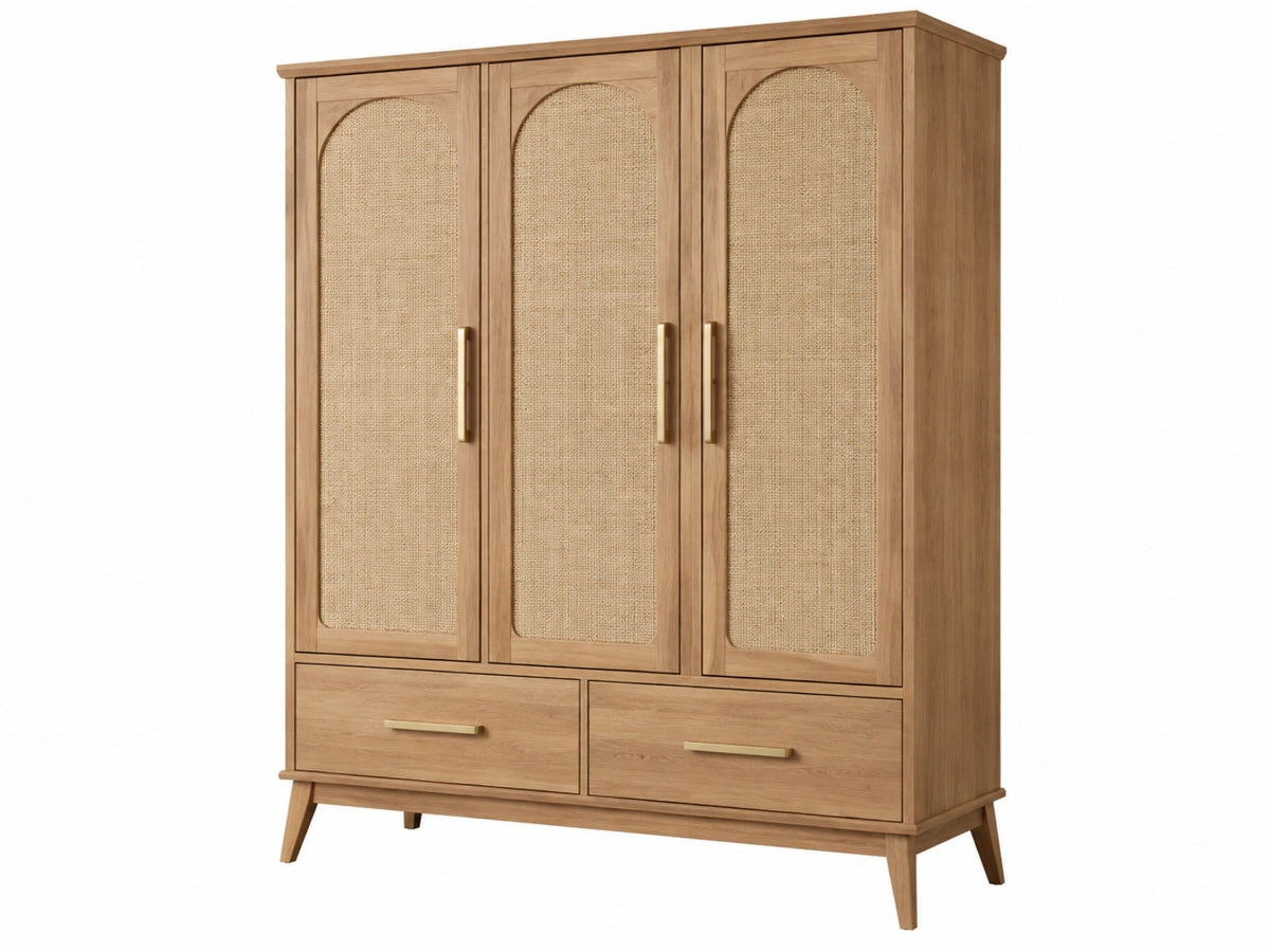Kleiderschrank 150 x 55 x 200 cm aus Holz in Natur mit Rattangeflecht - Dreitüriger Stauraumschrank im Retro-Stil