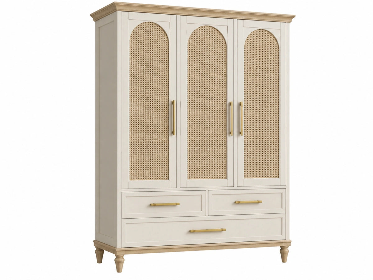 Kleiderschrank 140 x 55 x 200 cm Holz Cremeweiß Natur mit Rattangeflecht und Schubladen