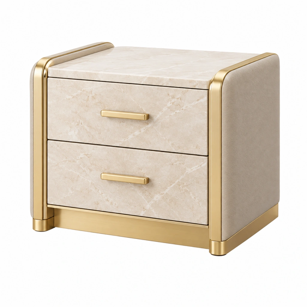 Nachttisch 60 x 45 x 55 cm in Beige Gold mit Marmoroptik und 2 Schubladen