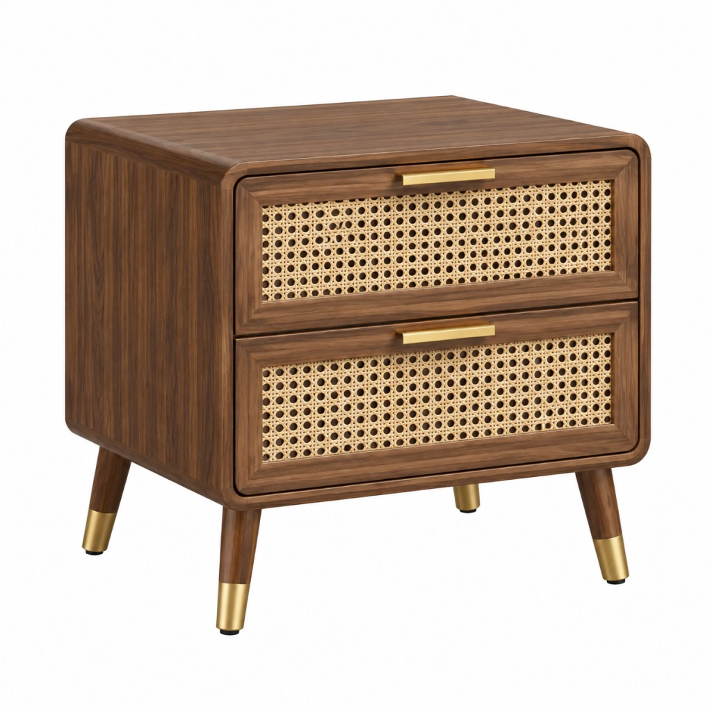 Nachttisch 50 x 40 x 55 cm aus Holz in Walnussbraun mit Rattangeflecht und 2 Schubladen Mid Century Stil