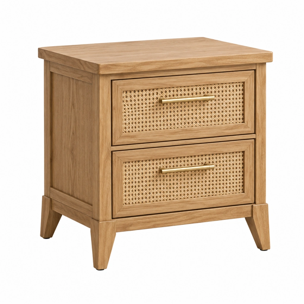 Nachttisch 50 x 40 x 60 cm aus Holz in Natur mit Rattangeflecht - Landhausstil mit 2 Schubladen