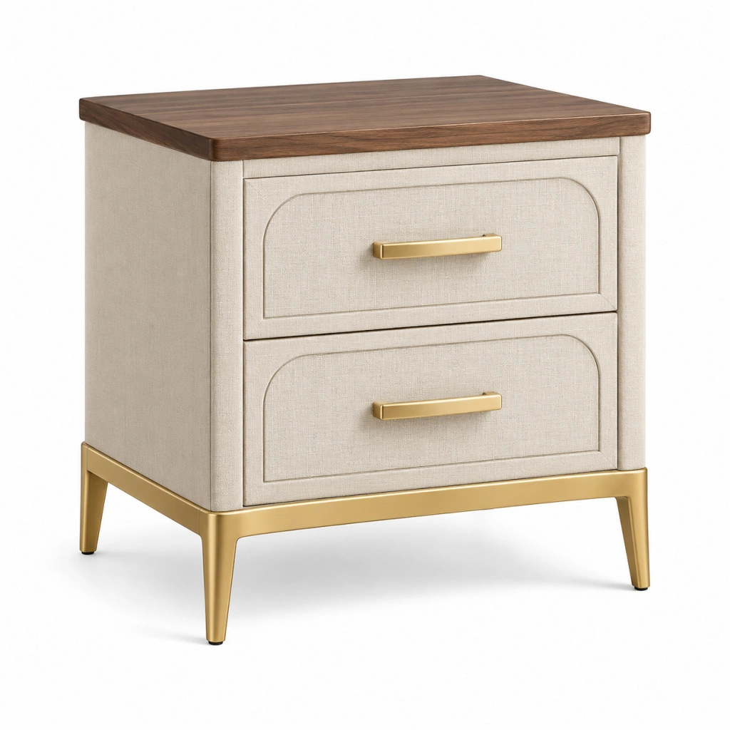 Nachttisch 50 x 40 x 60 cm Creme Braun Gold mit zwei Schubladen Holz Textilbezug