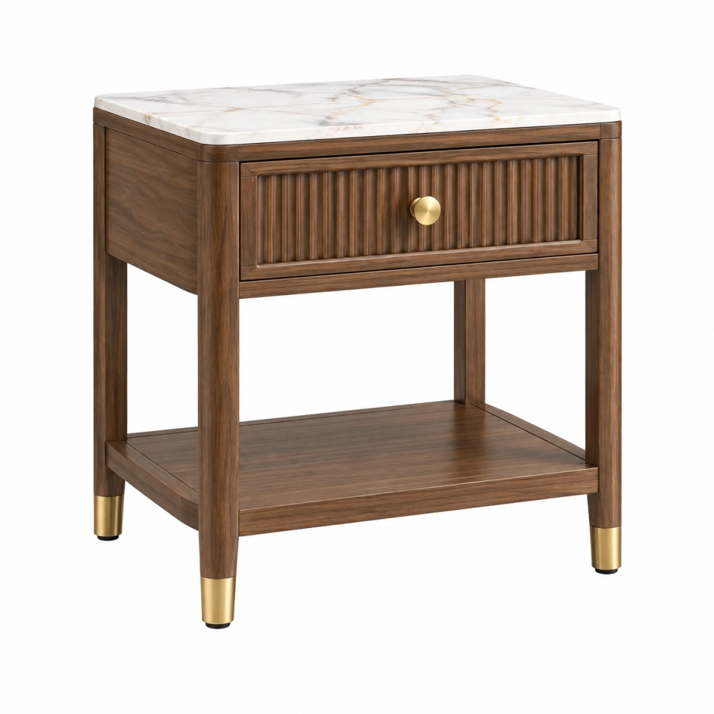 Nachttisch 50 x 45 x 60 cm aus Holz und Marmor in Braun Weiß mit Schublade und Ablage