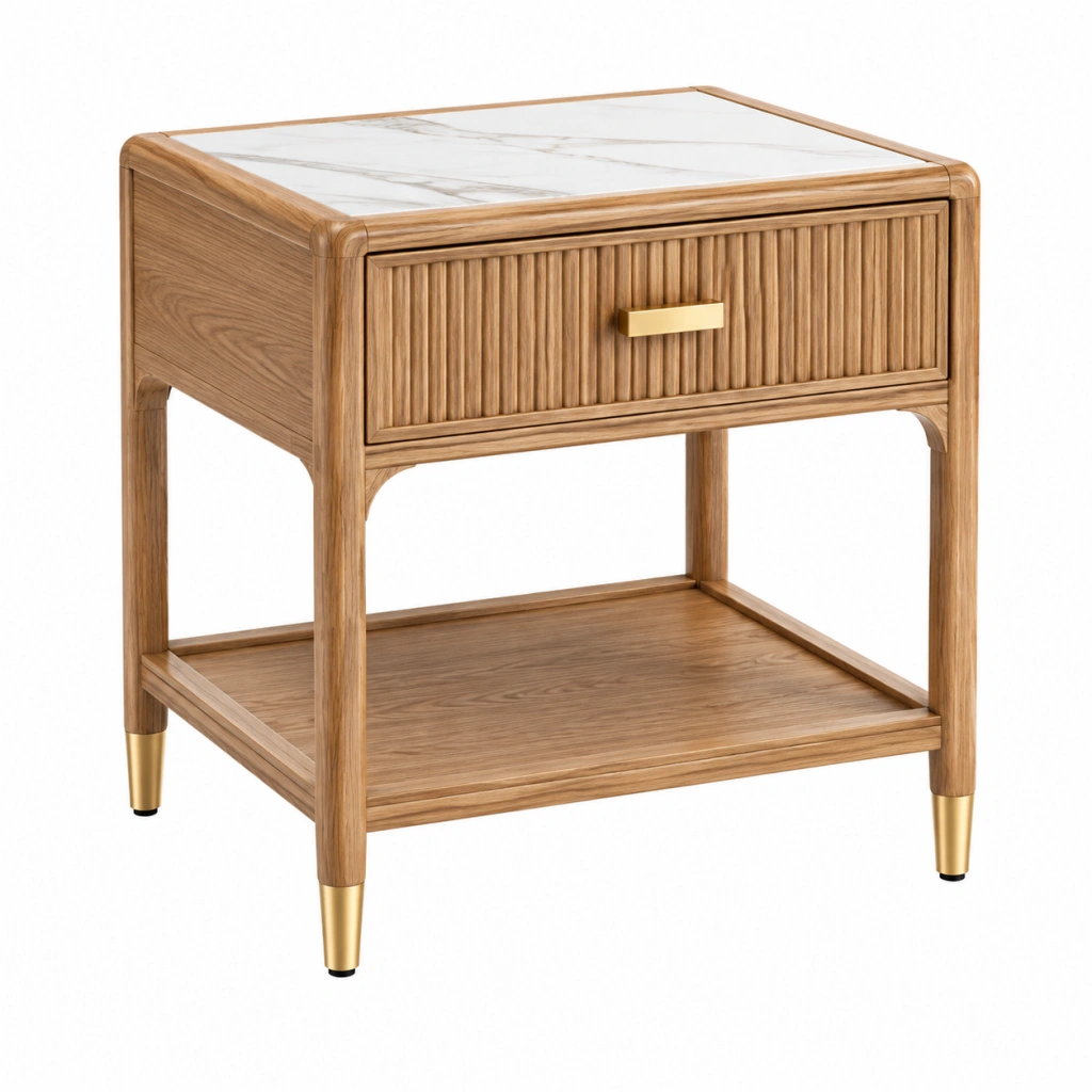 Nachttisch 50 x 45 x 60 cm Holz in Naturbraun mit weißer Steinoptik Ablage und Schublade