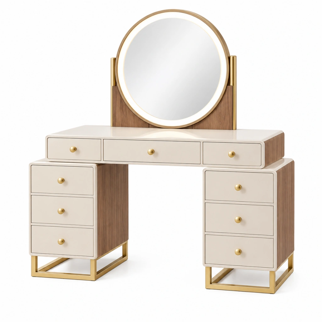 Schminktisch 120 x 45 x 75 cm in Creme/Walnuss/Gold mit rundem Spiegel und 9 Schubladen