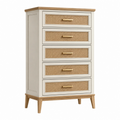 Kommode 60 x 40 x 120 cm aus Holz Creme Naturbraun mit 5 Schubladen Rattangeflecht im Landhausstil