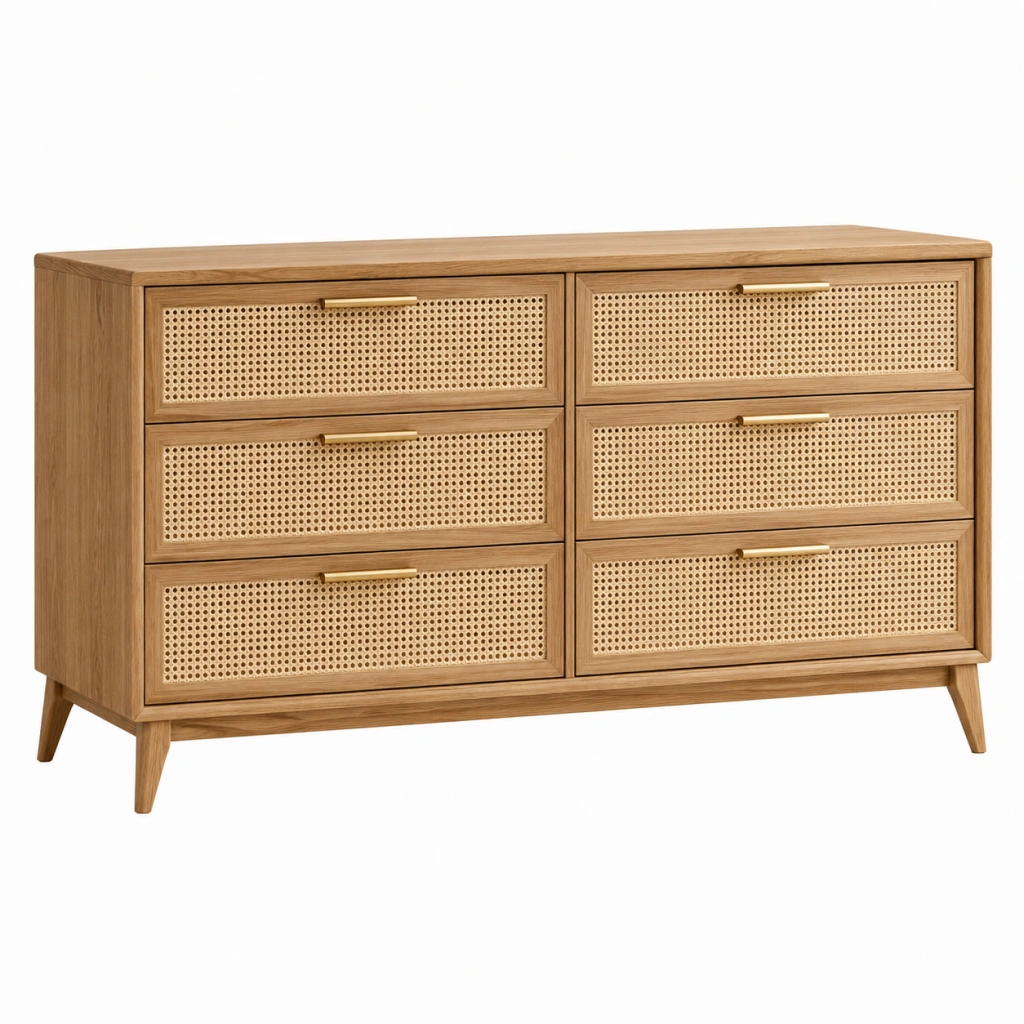 Kommode 140 x 45 x 85 cm aus Holz und Rattan Naturbraun mit 6 Schubladen im Retro-Stil