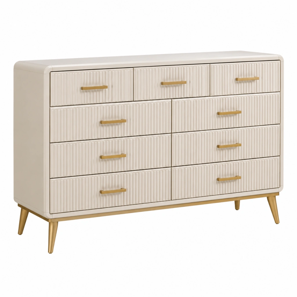 Kommode 160 x 45 x 90 cm Creme Holzwerkstoff mit 9 Schubladen und geriffelter Front