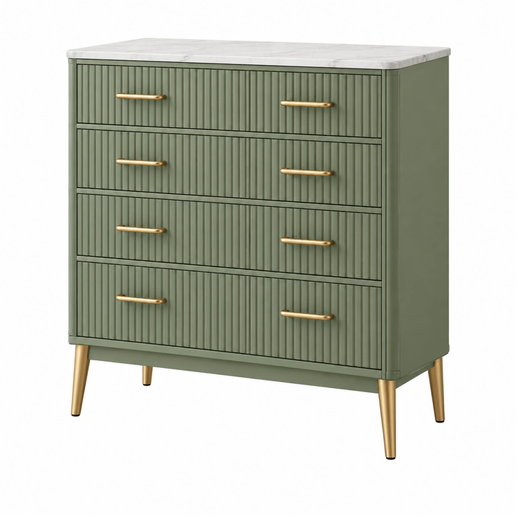 Kommode 90 x 40 x 100 cm aus Holzwerkstoff in Salbeigrün mit Marmoroptik und 4 Schubladen