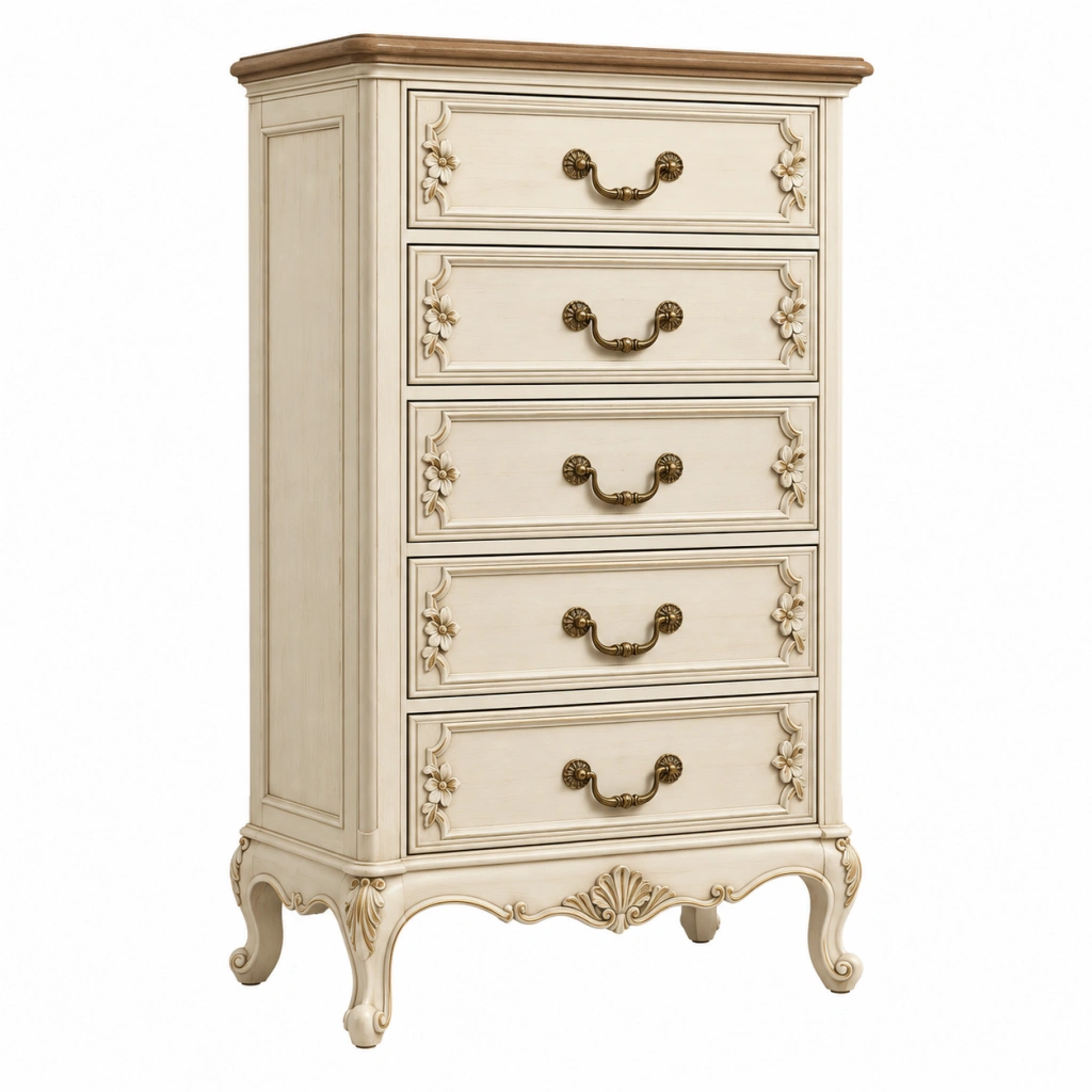 Kommode 80 x 45 x 130 cm aus Holzwerkstoff Creme Braun klassisch mit 5 Schubladen