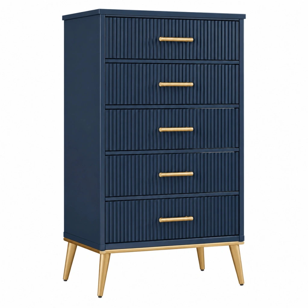 Kommode 80 x 40 x 120 cm aus Holzwerkstoff Dunkelblau Gold mit 5 Schubladen im Retro-Stil