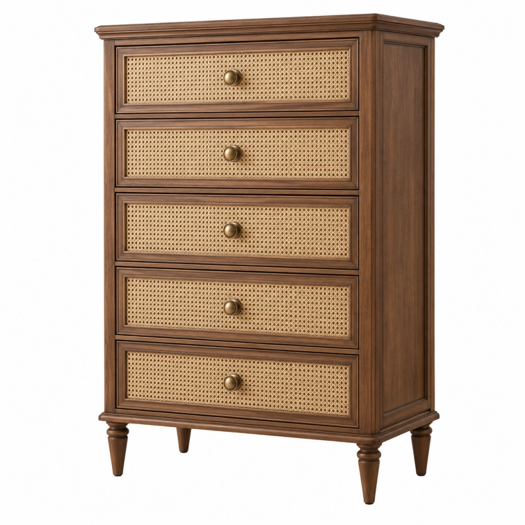 Kommode 80 x 40 x 125 cm aus Holz und Rattangeflecht Braun mit 5 Schubladen