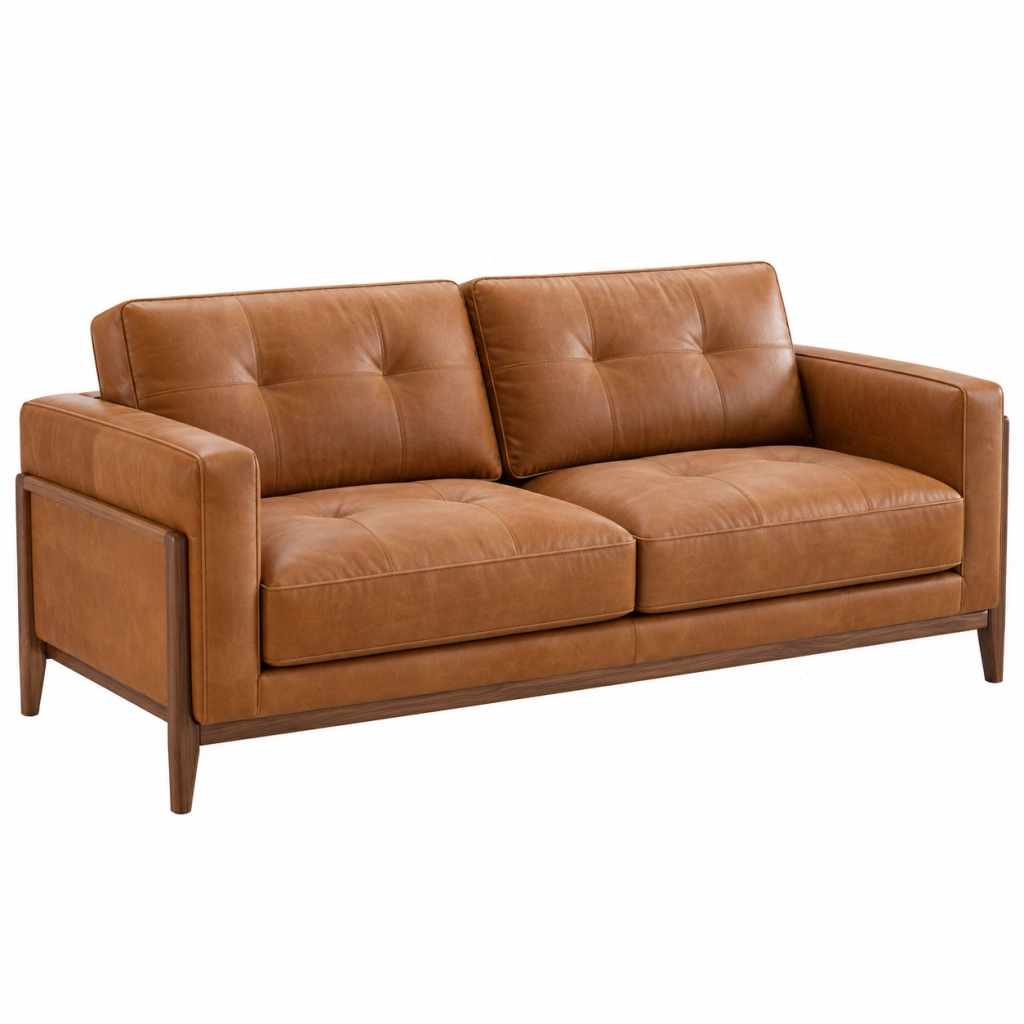 2-Sitzer-Sofa 165 cm aus cognacfarbenem Leder mit Holzgestell im Mid-Century-Stil