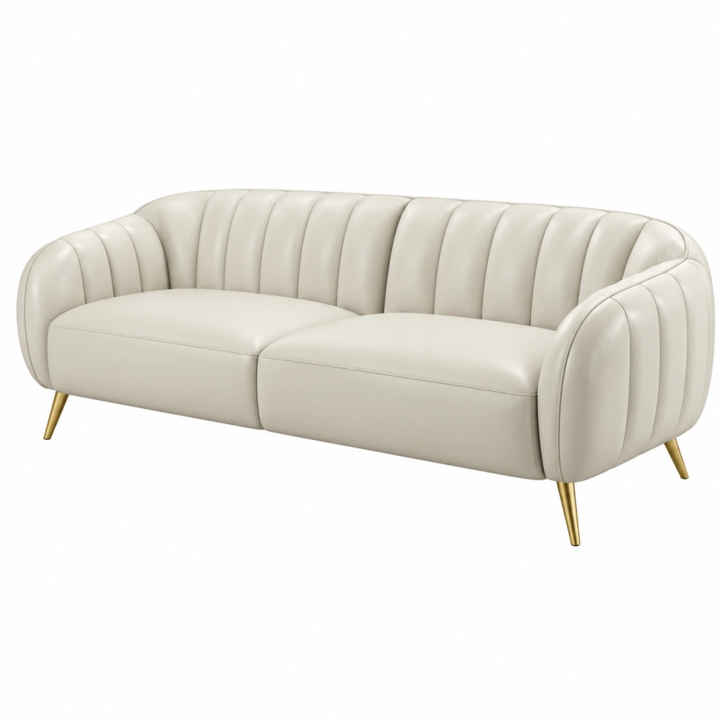 2-Sitzer Sofa 180 x 82 x 78 cm cremeweiß Bezug in Lederoptik mit goldfarbenen Metallfüßen gerippter Stil