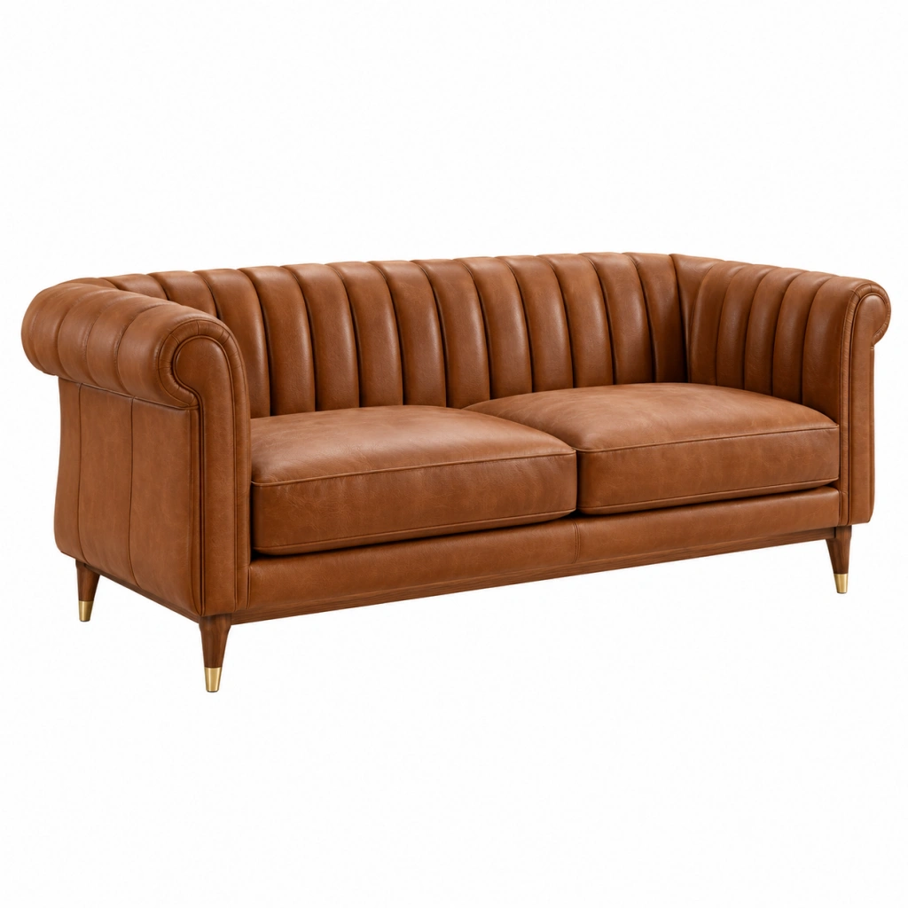 2-Sitzer Sofa 180 cm Cognacbraun Kunstleder Retro mit gerippter Rückenlehne